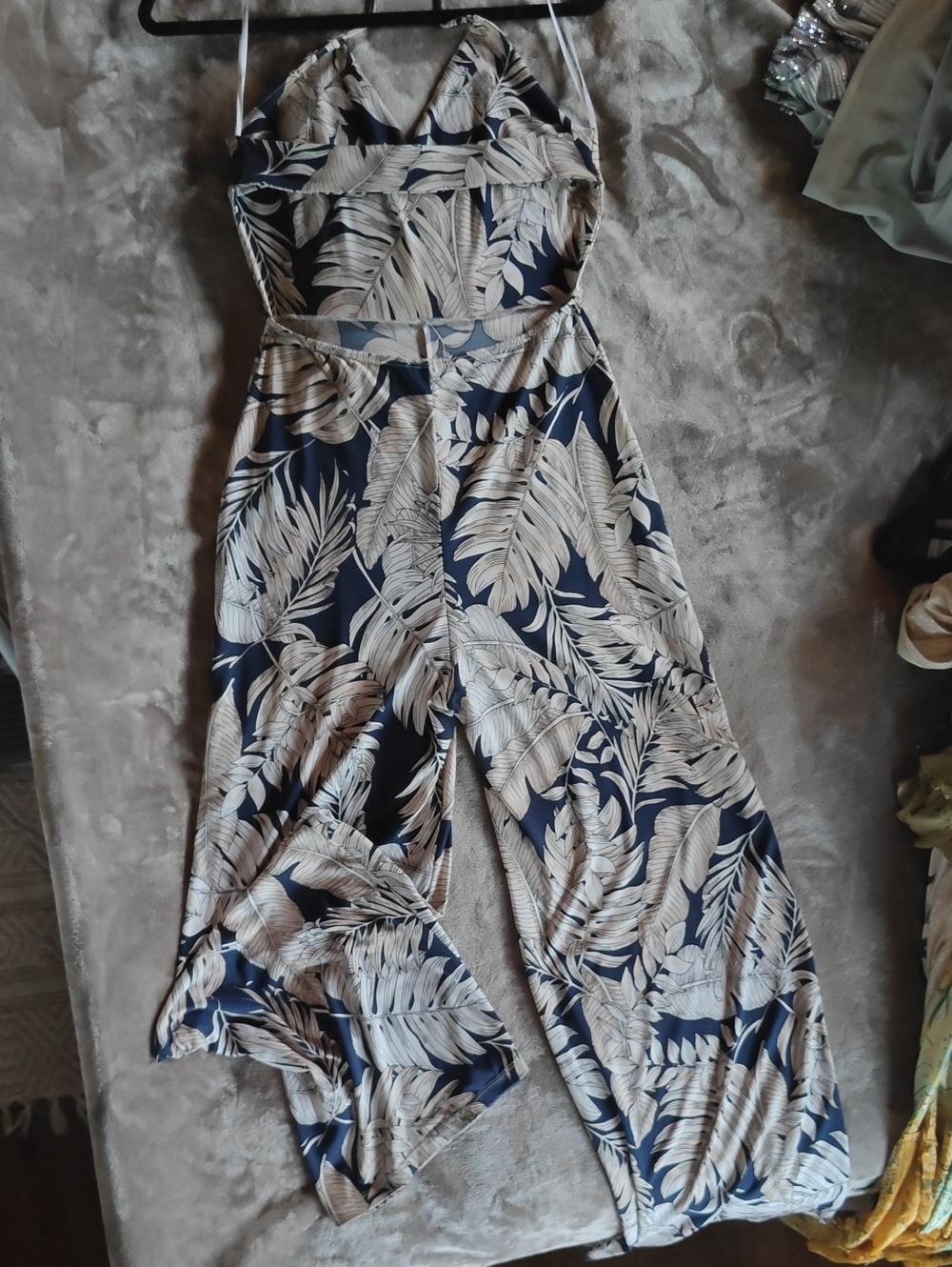 Lovely Day Navy and Cream Tropical Print Halter Jumpsuit
